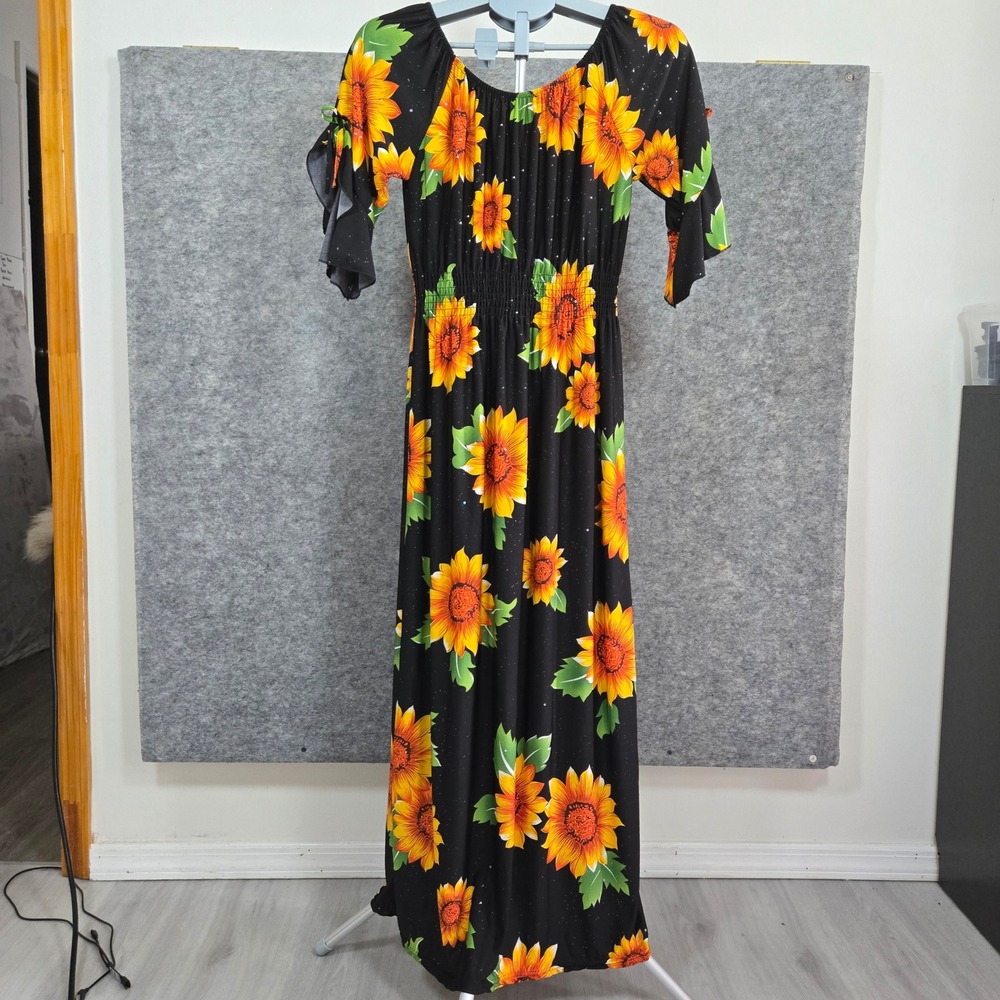 Seven Islands Womens Black Sunflower Floral Smocked Maxi Dress Medium